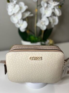 Guess Factory Zakaria Cream Embossed Logo Double Zip Crossbody - Gold Hardware